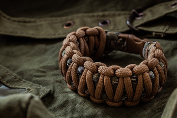 Close up shot of a paracord bracelet on a military bag.