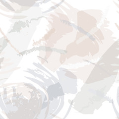 Abstract brush storkes, splatters and crayon marks background. Vector seamless creative pattern with hand painted shapes in neutral light colors.