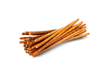 Cracker pretzel sticks isolated on white background.