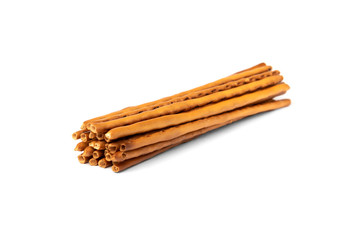 Cracker pretzel sticks isolated on white background.