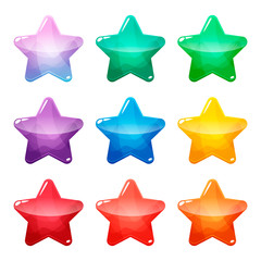 Colorful star glossy buttons set, vector assets for web or game design, app icons vector template isolated on white background.