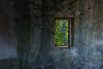 Fototapeta na wymiar Looking out a Window in an Abandoned Medieval Village in Southern Italy