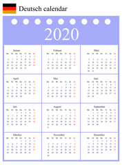 Deutsch calendar for 2020 year. Week starts monday.