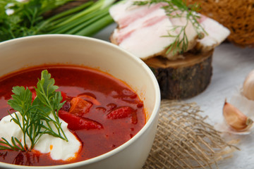 Vegetable soup with beets, rustic style,Traditional Ukrainian Russian borscht. Selective focus