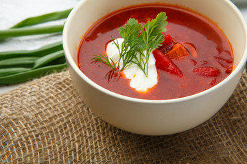 Vegetable soup with beets, rustic style,Traditional Ukrainian Russian borscht. Selective focus