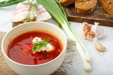Vegetable soup with beets, rustic style,Traditional Ukrainian Russian borscht. Selective focus