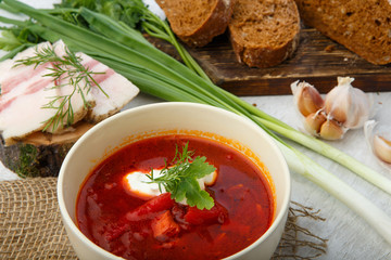 Vegetable soup with beets, rustic style,Traditional Ukrainian Russian borscht. Selective focus