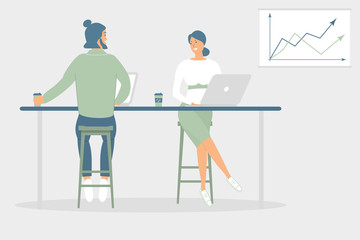 Woman and man friends or colleagues sitting at desk in modern office,working at notebook and tablet,have coffee, talking.Effective and productive teamwork.Hand drawn style vector illustrations