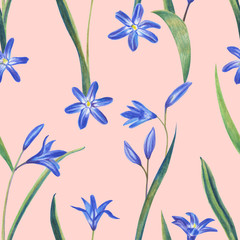Blue spring flowers. Hand drawing color pencil. Template for greeting card. Wedding card