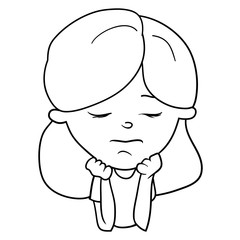 Drawing in  vector,coloring book, a cartoon character, a sad girl, hands propped her chin