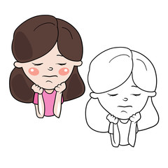 A set of drawings in  vector,coloring book, a cartoon character, a sad girl, hands propped her chin