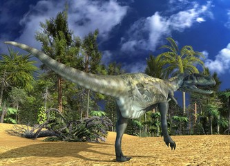 Dinosaur 3d illustration against the background of the Mesozoic Forest