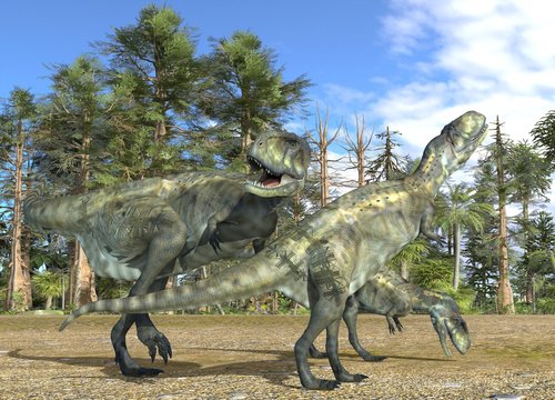 Dinosaurs 3d illustration against the background of the Mesozoic Forest