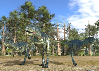 Dinosaurs 3d illustration against the background of the Mesozoic Forest