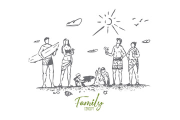 Family, beach, summer, sand, people concept. Hand drawn isolated vector.