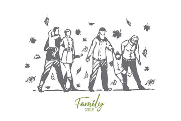 Family, autumn, park, people, tree concept. Hand drawn isolated vector.