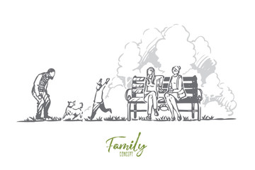 Obraz premium Family, spring, park, dog, nature concept. Hand drawn isolated vector.