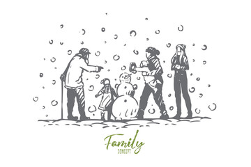Family, winter, snowman, people, childhood concept. Hand drawn isolated vector.