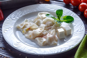 Boiled ravioli with tofu.