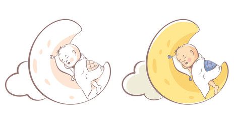 Magic dream. Vector illustration, little baby sleep on the crescent moon