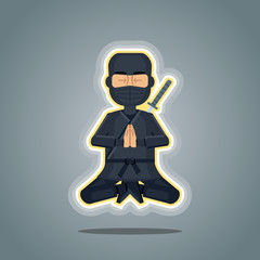 Illustration of a meditating ninja. Peaceful ninja in black clothing isolated on abstract background. Flat style vector illustration