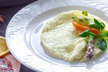 Omelet made from chicken egg proteins.