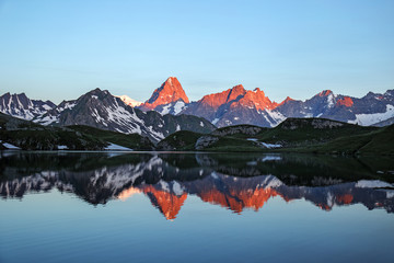 Lacs de Fenetre with reflection at the sunrise and Grand Jorasses; Val Ferret; Mont Blanc; Col de...