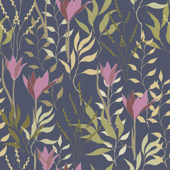 Floral background with ditch flowers and green leaves. Dark texture for fabric and tile.