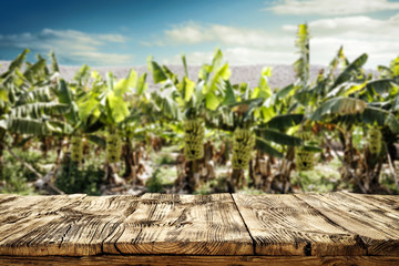 Bananas plantation and wooden table of free space for your decoration. 