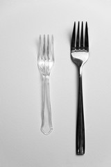 plastic and metal silver fork for food or environmental recycle on white background