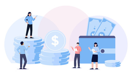 Vector illustration of financial transactions, money transfer, banking, large wallets with coins. Financial services, concept of money back, investment, currency exchange, savings account