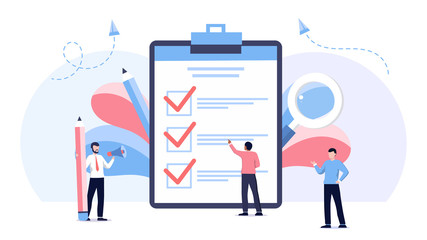 Businessman holding pencil at complete checklist with tick marks. Business organization and achievements of goals vector concept. Check list with done mark, businessman with questionnaire on clipboard - obrazy, fototapety, plakaty