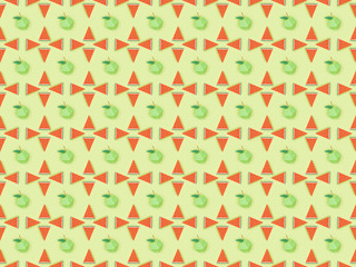 top view of seamless pattern with handmade cardboard apples and watermelon slices isolated on green