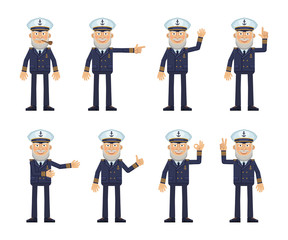 Set of old navy captain characters showing different hand gestures. Cheerful skipper showing thumb up gesture, this way, greeting, waving, pointing up, victory sign. Flat style vector illustration