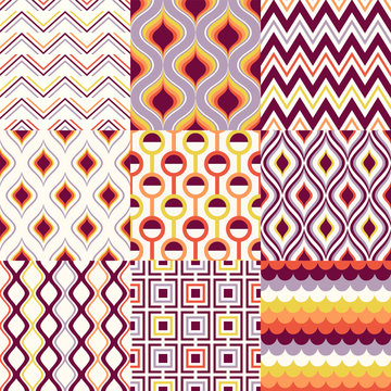 Set of colorful mid century geometric seamless patterns for interior design. Vector backgrounds collection	