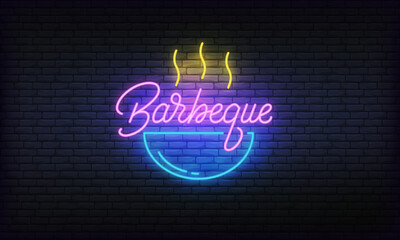 Barbeque neon glowing sign. Bright vector label of Barbeque and lettering.