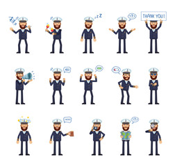 Big set of navy captain characters showing different actions, gestures, emotions. Cheerful skipper singing, sleeping, holding loudspeaker, map, beer and doing other actions. Simple vector illustration