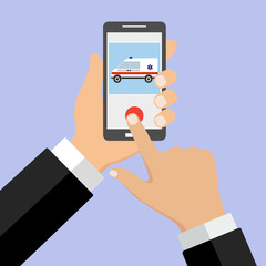 Mobile medicine concept. call an ambulance. Hand holding smartphone with medical app. Medical consultation and support. Mobile medicine concept on a blue background