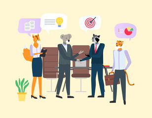 Fototapeta na wymiar Business meeting of employees character koala and raccoon, tiger and fox, hipster animal in office discussing reports, think of graph, creating idea vector