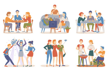 Friends activities vector, people sitting in bar, playing card games and watching tv at home, taking selfie and partying in club, barbeque weekend