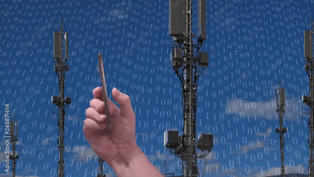 Poster many 5g mobile internet poles in the background sends information to the end user. the hand holds a 