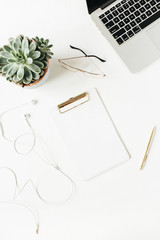Home office desk workspace with blank copy space clipboard, laptop, headphones, glasses, succulent on white background. Flat lay, top view modern minimal concept.