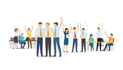 Successful team vector, people celebrating victory and success of project, man with idea for business problems solutions teamwork good job flat style