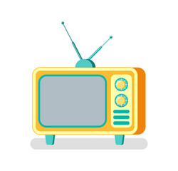 TV set with buttons vector, device for broadcasting and advertising of products. Mass media isolated icon, wide monitor and antenna on television box