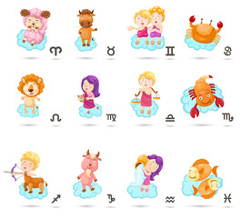 Set illustration with cartoon zodiac signs vector