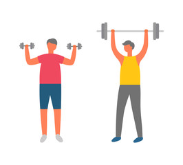 Bodybuilders doing exercises vector, people in gym flat style. Athletes, weightlifters with barbell and dumbbells, sport characters in sportswear
