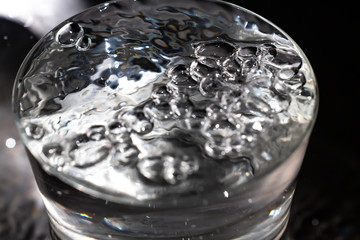 Clear water bubbles floating in transparent glass, Close up & Macro shot, Selective focus, Healthy Drink concept