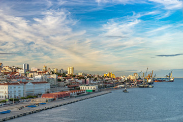 Fototapeta na wymiar Lisbon, Portugal skyline and cityscape of the cruise port on the Tagus River
