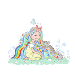 Wonderful fairy girl with magic hair. Cute cartoon character. Children`s illustration for book or poster. Fantasy card for kids.