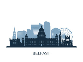 Belfast skyline, monochrome silhouette. Vector illustration. - obrazy, fototapety, plakaty